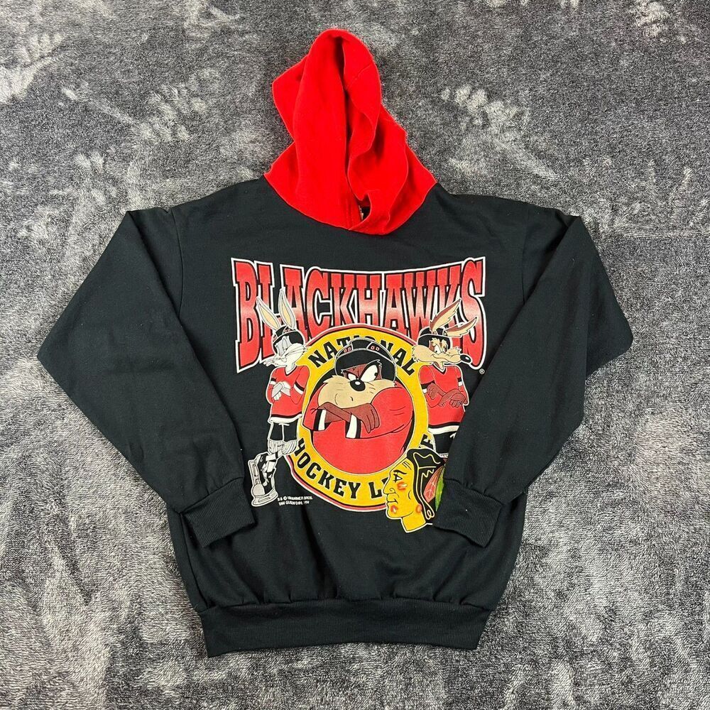 Vtg 1994 NHL Blackhawks Hoodie Bugs Bunny Taz Sweatshirt Kids 14/16 Made In USA